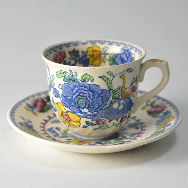 イギリスの老舗陶器ブランドメイソンズ(MASON'S)の鮮やかな色合いのアンティークティーカップ＆ソーサー